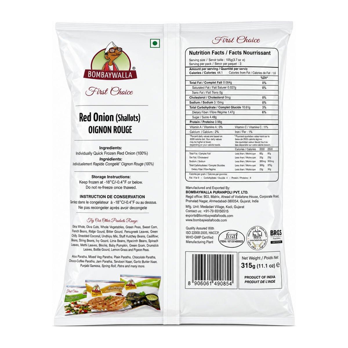Bombaywalla Red Onion (Shallots) Individually Quick Frozen by Bombaywalla — back view showing ingredients and product details, studio product photo on white background