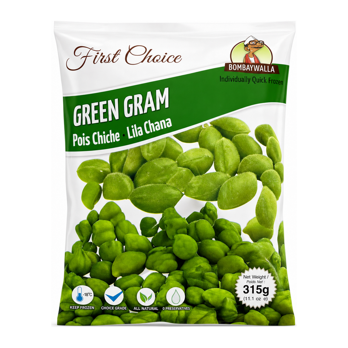 Bombaywalla Green Gram Individually Quick Frozen by Bombaywalla — front view showing product label and branding, studio product photo on white background