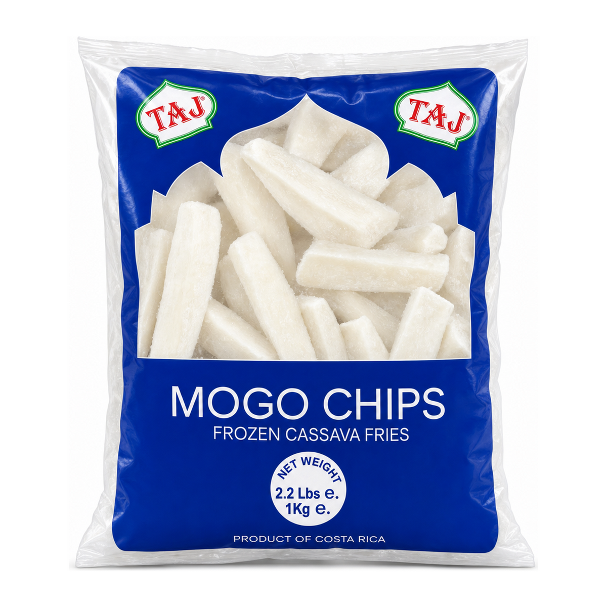 Taj Mogo Chips Frozen Cassava Fries by Taj — front view showing product label and branding, studio product photo on white background