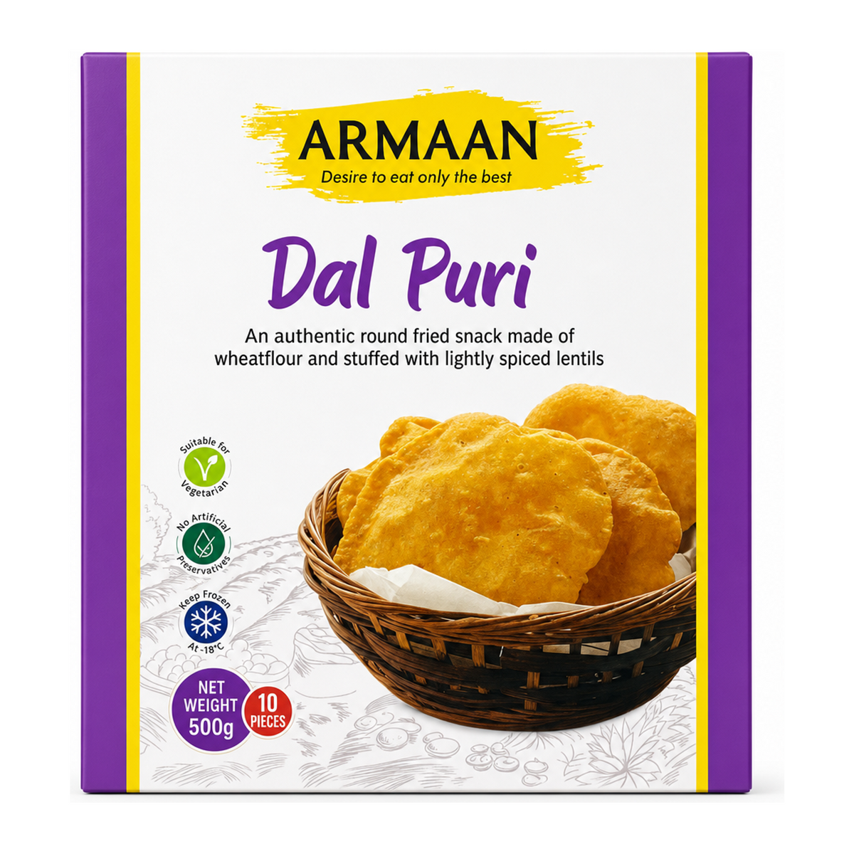 Armaan Dal Puri 10 Pieces by Armaan — front view showing product label and branding, studio product photo on white background