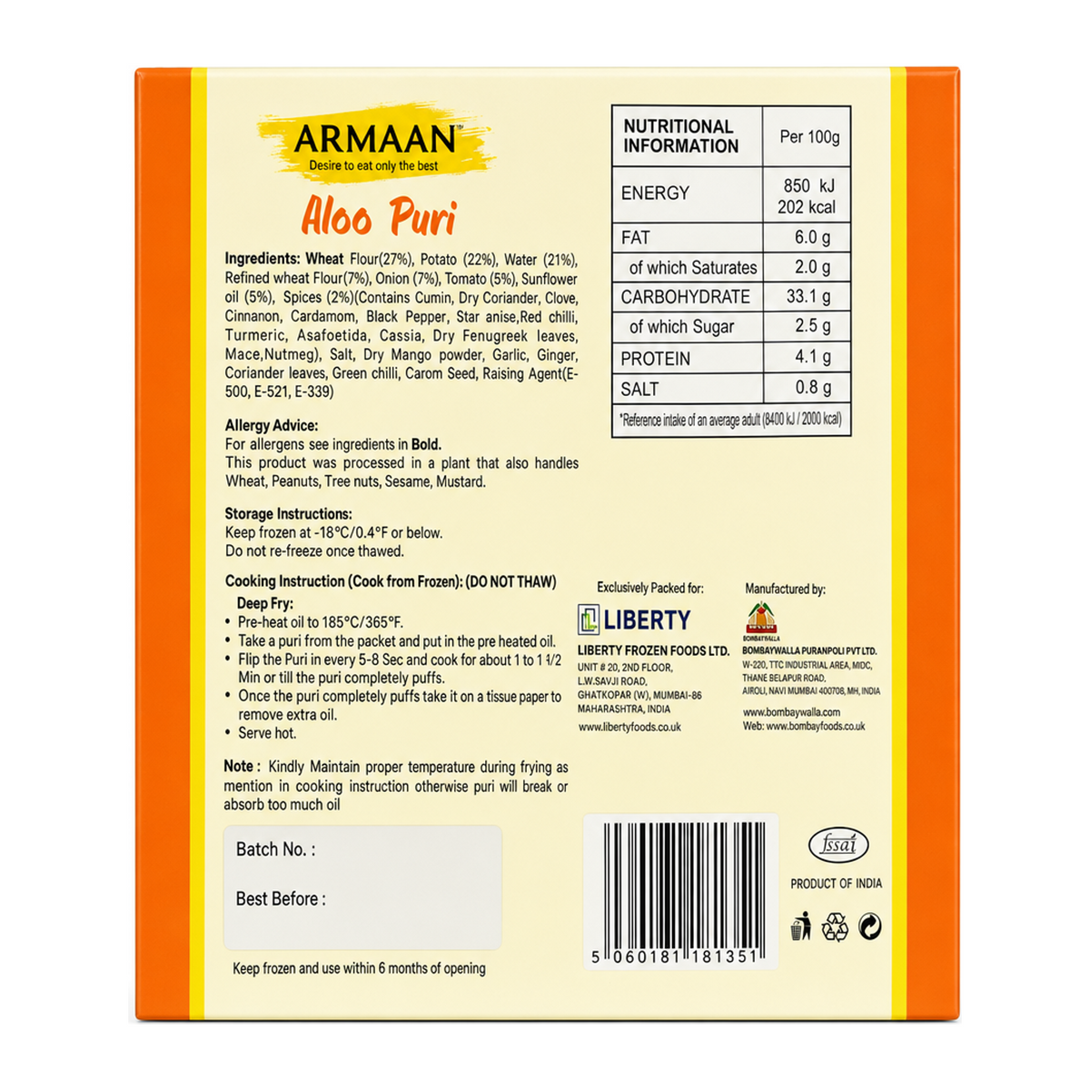 Armaan Aloo Puri 10 Pieces by Armaan — back view showing ingredients and product details, studio product photo on white background