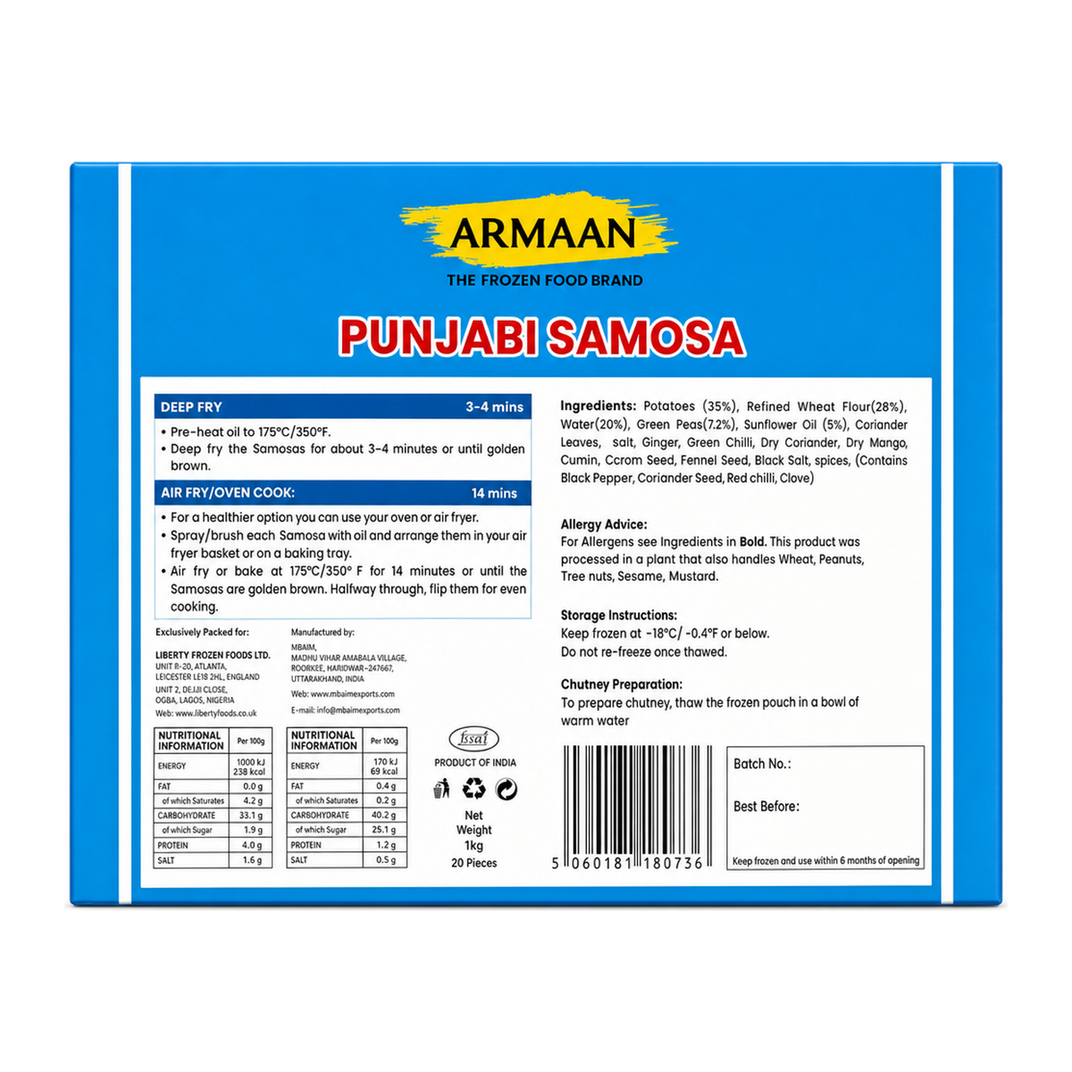 Armaan Punjabi Samosa by Armaan — back view showing ingredients and product details, studio product photo on white background