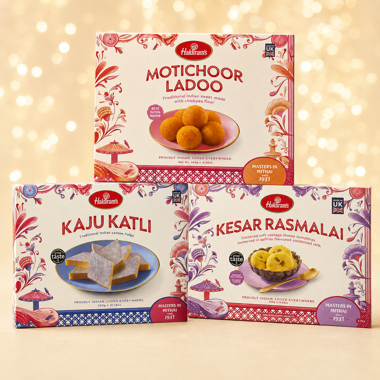 Kaju katli: Premium Festive Mithai Trio with Haldirams Kaju Katli 300g, Haldirams Motichoor Ladoo 300g and Haldirams Kesar Rasmalai 500g