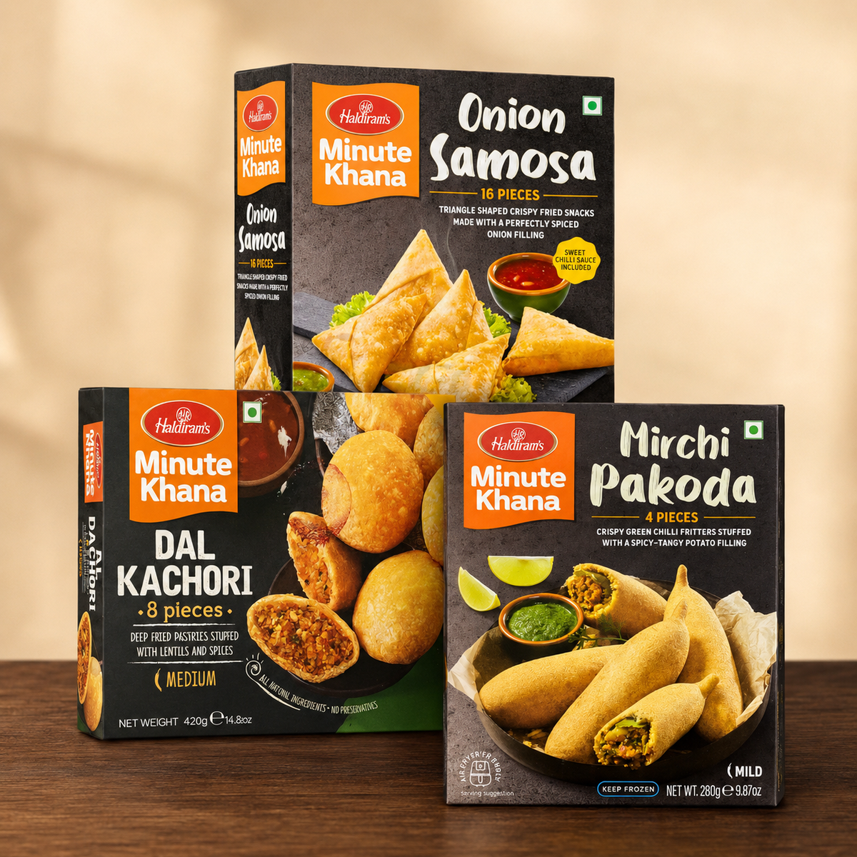Punjabi samosa: Kachori, Samosa and Pakora Party Pack with Haldirams Frozen Dal Kachori 420g, Haldirams Frozen Onion Samosas 16pcs and Haldirams Frozen Mirchi Pakora 4pcs