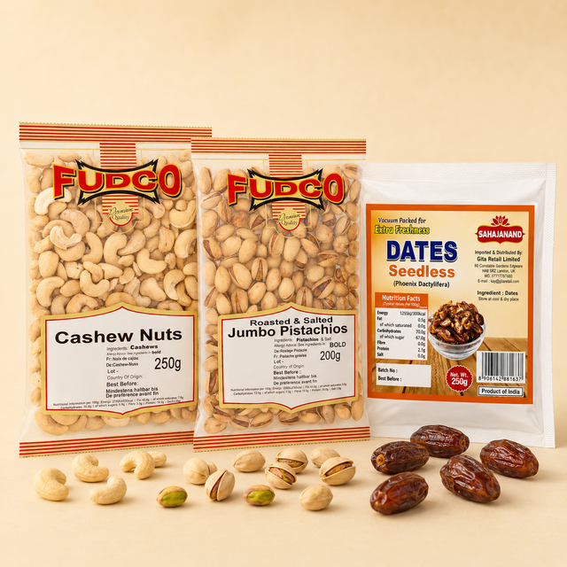 Dry fruits: Dry Fruit Gift Trio with Fudco Cashew Nuts 250g, Fudco Jumbo Roasted And Salted Pistachio 200g and Sahajanand Seedless Dates 250g