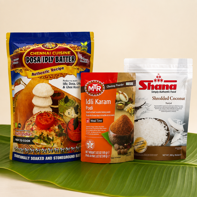 Shredded coconut: Dosa and Idli Batter Breakfast Kit with Chennai Dosa/Idly Batter 1kg, MTR Idli Karam Podi Chutney Powder 100g and Shana Frozen Shredded Coconut 300g