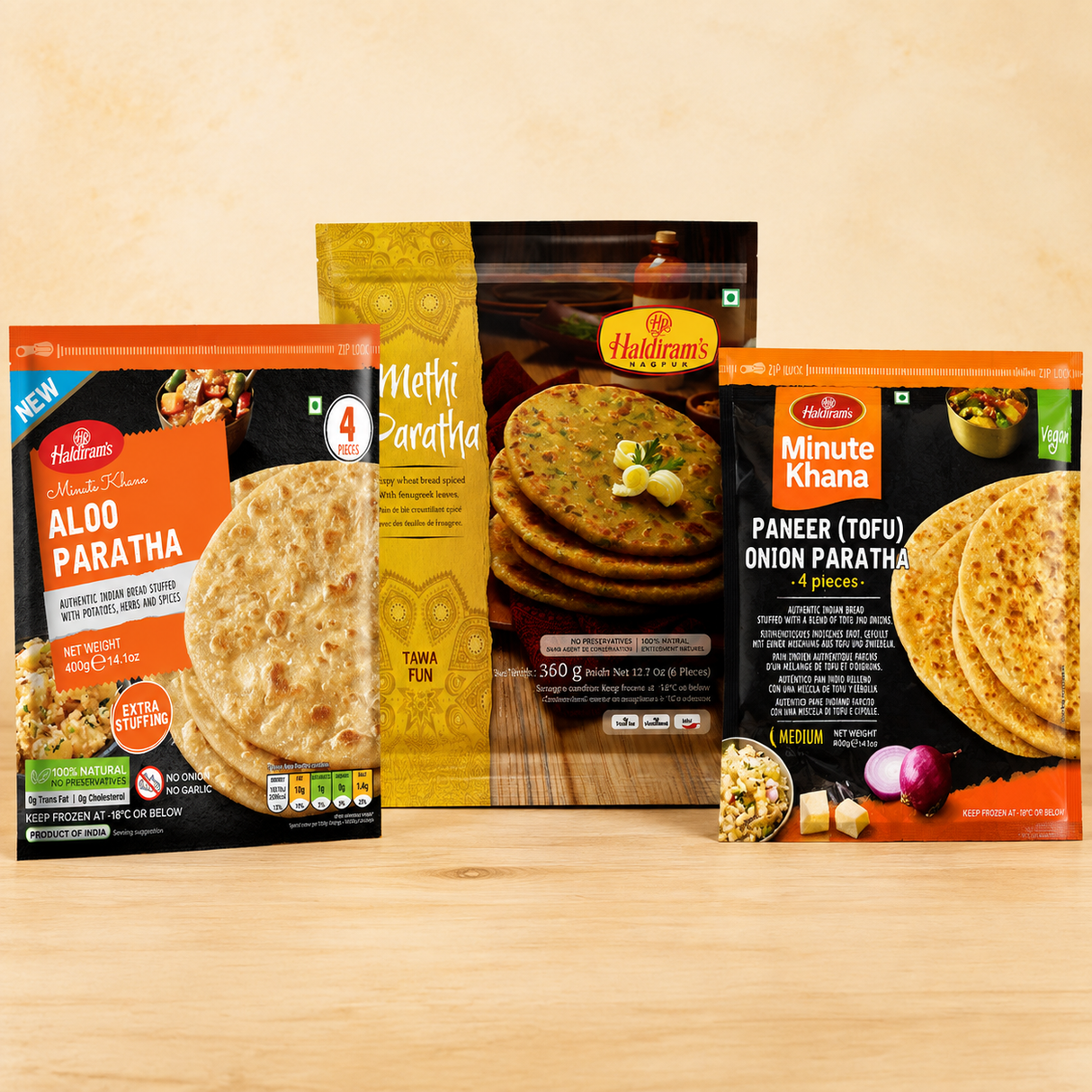 Frozen paratha: Paratha Lovers Freezer Trio with Haldirams Frozen Aloo Paratha 4Pcs, Haldirams Frozen Methi Paratha 6pcs and Haldirams Frozen Paneer (Tofu) Onion Paratha 4pcs
