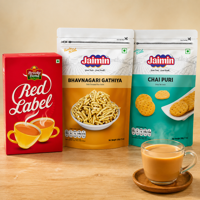 Chai tea: Chai Time Namkeen Trio with Brooke Bond Red Label Tea 500g, Jaimin Bhavnagari Gathiya 200g and Jaimin Chai Puri 200g