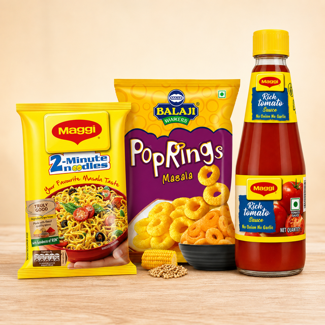 Instant noodles: Maggi Midnight Munchies with Maggi Masala Noodles 48g, Balaji Masala Pop Rings 65g and Maggi Rich Tomato Sauce No onion No garlic 480g