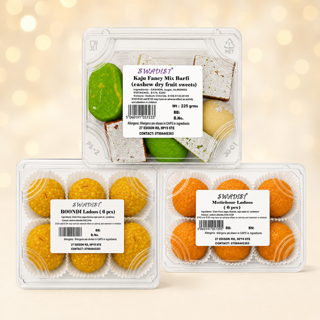 Motichoor ladoo: Ladoo and Mithai Box with Swadist Boondi Ladoos 6 pcs, Swadist Motichoor Ladoos 6 pcs and Swadist Kaju Fancy Mix Barfi 225g