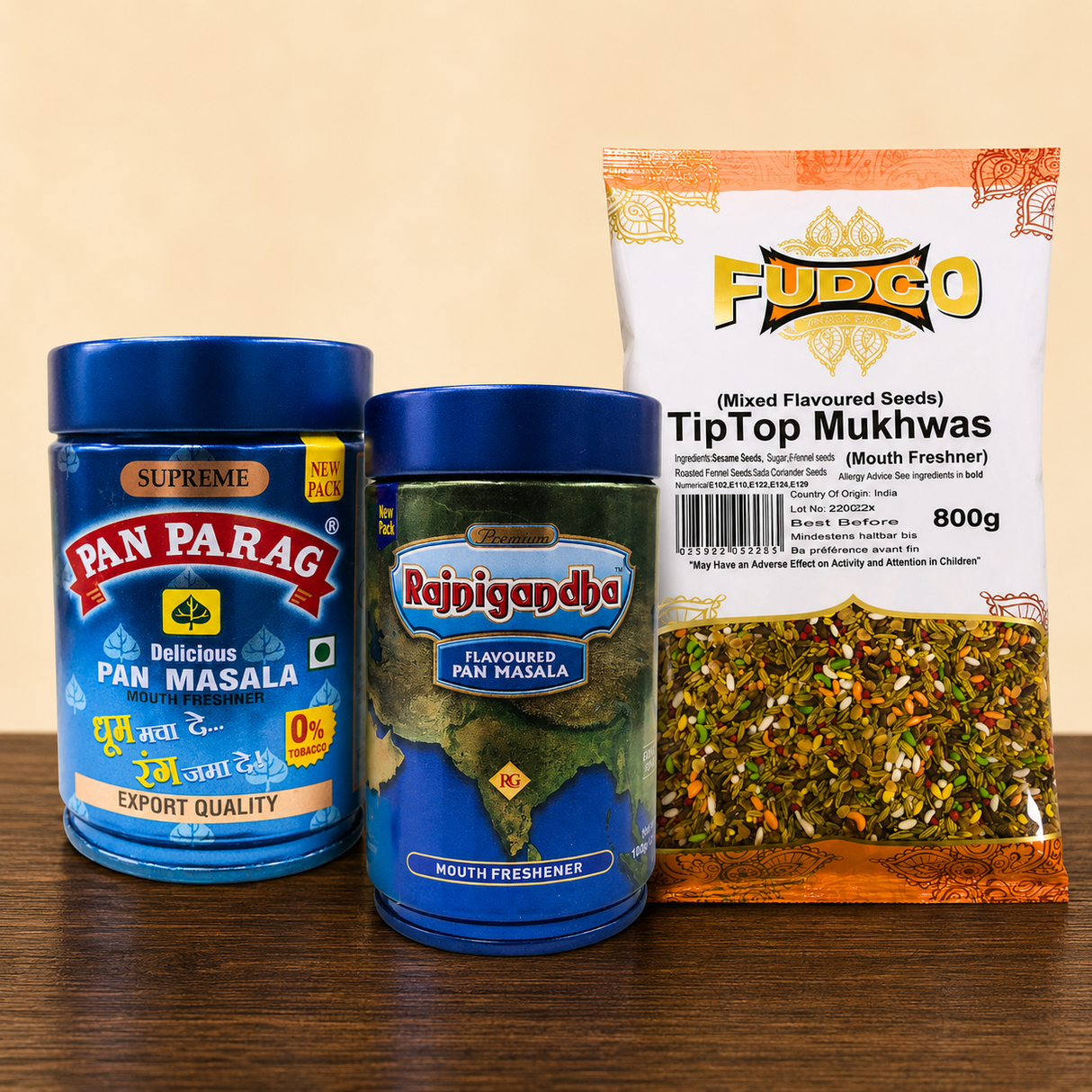 Gujarati mukhwas: Paan Masala and Mukhwas Gift Pack with Pan Parag Paan Masala 100g, Rajnigandha Paan Masala 100g and Fudco Tip Top Mukhwas 800g