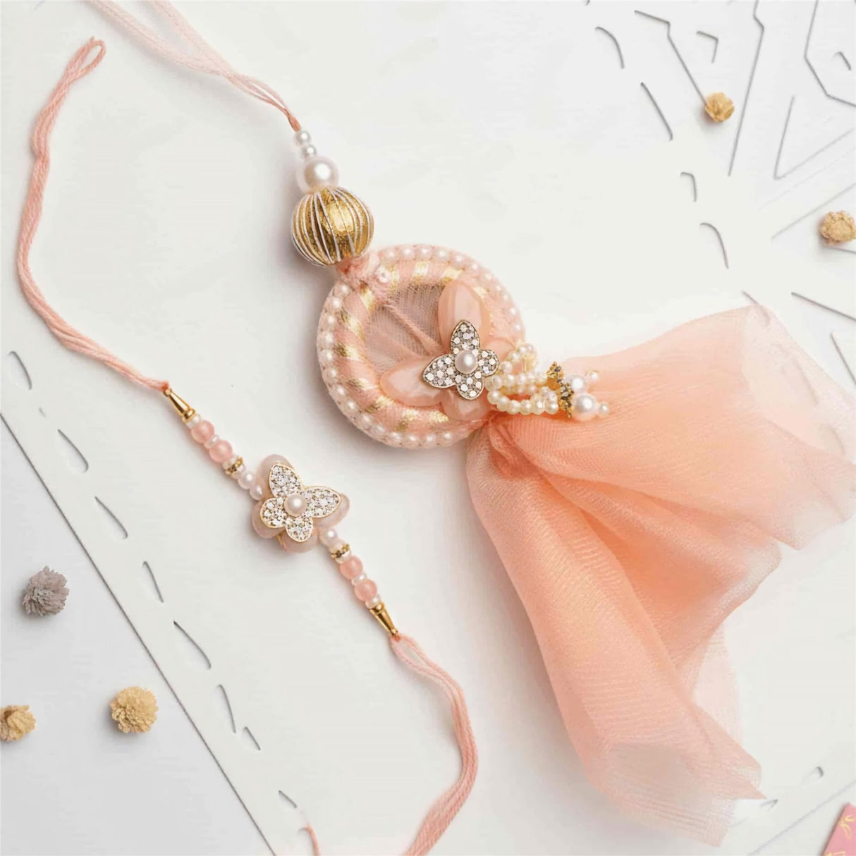 Bhai Bhabhi Rakhi | Peach Butterfly Lumba | Pair | 1065