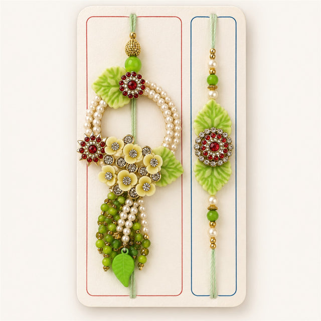 Bhai Bhabhi Rakhi | Green Pearl Lumba | Pair | 1069