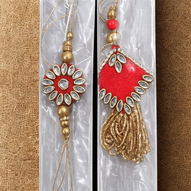 Bhai Bhabhi Rakhi | Red Kundan Lumba | Pair | 1071