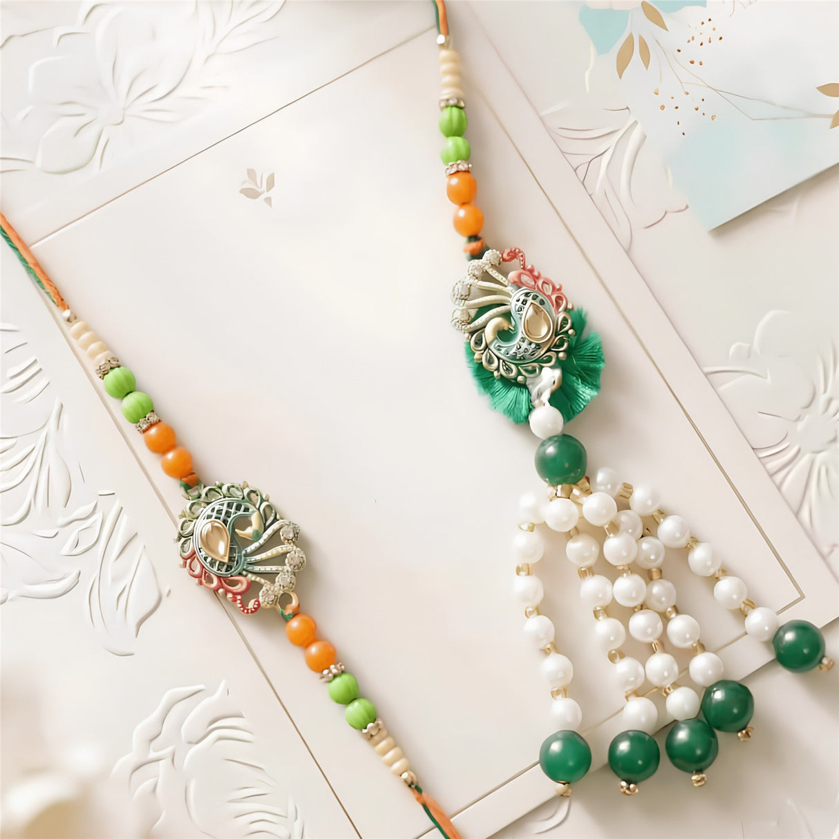 Bhai Bhabhi Rakhi | Green Peacock Pearl Lumba | Pair | 1073