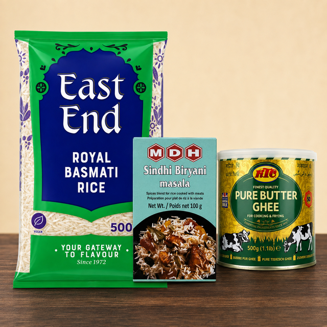 Biryani: Biryani Night Kit with East End Royal Basmati Rice 500g, MDH Sindhi Biryani Mix 100g and KTC Pure Ghee 500g