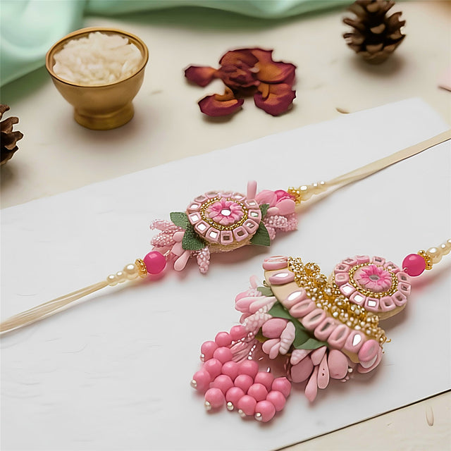 Bhai Bhabhi Rakhi | Pink Floral Lumba | Pair | 1100