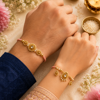 Bhai Bhabhi Rakhi | Pink Antique Gold | Pair | 1133
