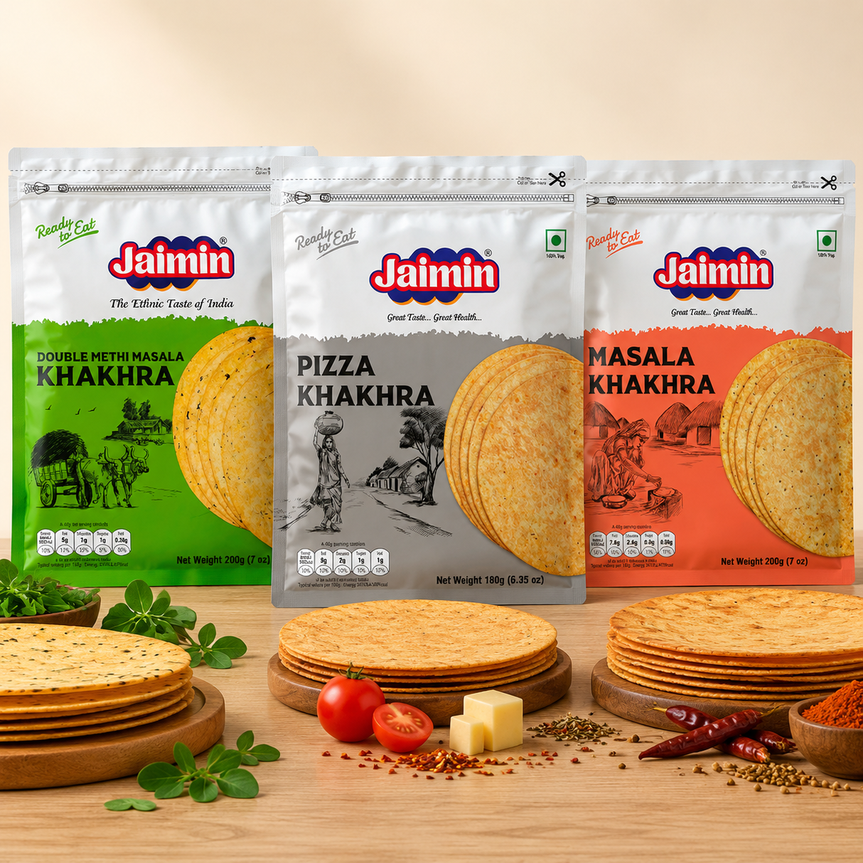 Jaimin khakhra: Khakhra Tiffin Trio with Jaimin Double Methi Masala Khakhra 200g, Jaimin Pizza Khakhra 200g and Jaimin Masala Khakhra 200g