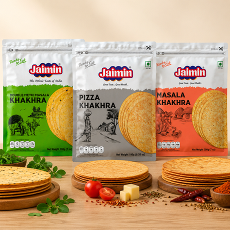 Jaimin khakhra: Khakhra Tiffin Trio with Jaimin Double Methi Masala Khakhra 200g, Jaimin Pizza Khakhra 200g and Jaimin Masala Khakhra 200g