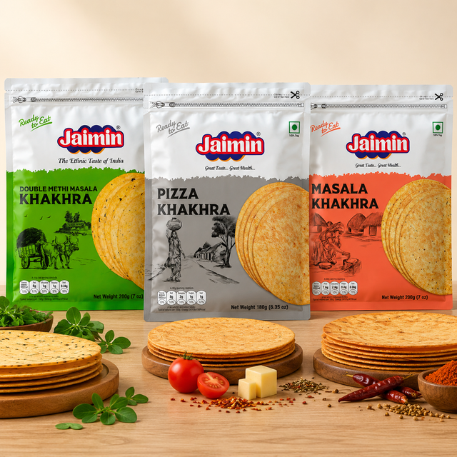 Jaimin khakhra: Khakhra Tiffin Trio with Jaimin Double Methi Masala Khakhra 200g, Jaimin Pizza Khakhra 200g and Jaimin Masala Khakhra 200g