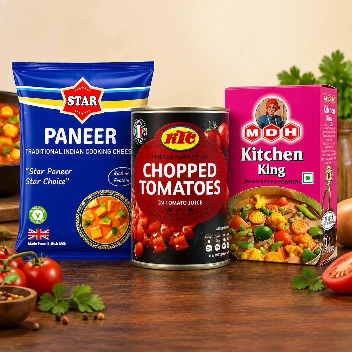 Paneer: Paneer Curry Kit with Star Paneer Traditional Indian Cooking Cheese 250g, KTC Canned Chopped Tomatoes 400g and MDH Kitchen King Masala 100g