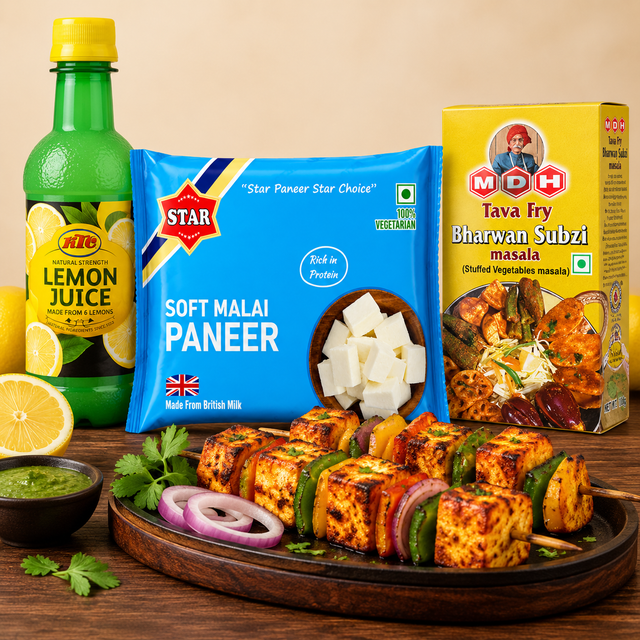 Paneer: Paneer Tikka Tawa Kit with Star Soft Malai Paneer 200g, MDH Tava Fry Masala 100g and KTC Lemon Juice 250ml