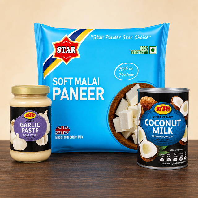 Coconut milk: Paneer Coconut Curry Family Pack with Star Soft Malai Paneer 1kg, KTC Garlic Paste 210g and KTC Canned Coconut Milk 400ml