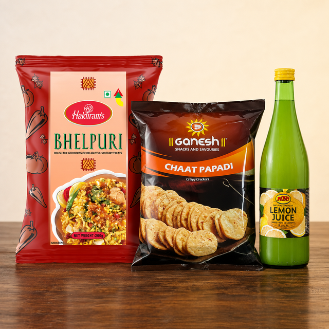 Bhel puri: Bhel Puri Chaat Kit with Haldirams Bhel Puri 200g, Ganesh Chaat Papadi 200g and KTC Lime Juice 250ml