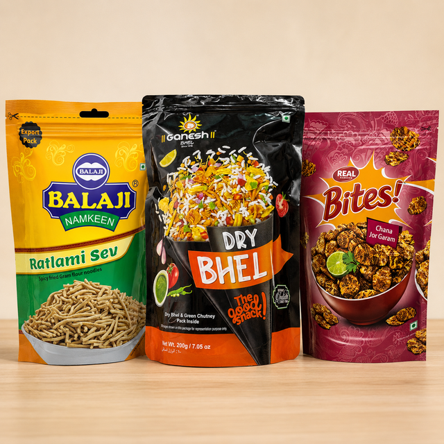 Indian snacks: Dry Bhel and Sev Snack Box with Ganesh Dry bhel with Green Chutney 200g, Balaji Ratlami Sev 400g and Real Chana Jor Garam 400g