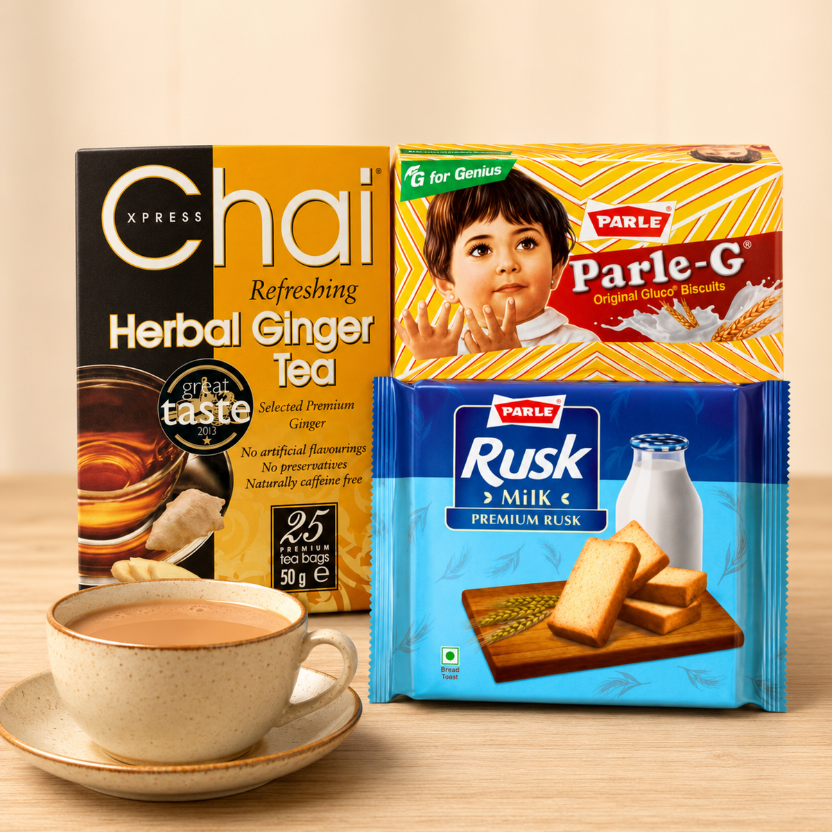 Tea bags: Ginger Chai and Rusk Break with Chai Xpress Herbal Ginger Tea Bags 25 Bags, Parle G Glucose Biscuits 79g 79.9g and Parle Milk Rusk 182g