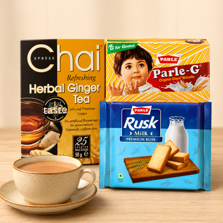 Tea bags: Ginger Chai and Rusk Break with Chai Xpress Herbal Ginger Tea Bags 25 Bags, Parle G Glucose Biscuits 79g 79.9g and Parle Milk Rusk 182g