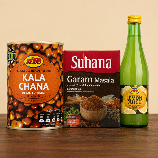 Chaat masala: Kala Chana Chaat Kit with KTC Canned Boiled Kala Chana 400g, Suhana Chat Masala 100g and KTC Lime Juice 500ml