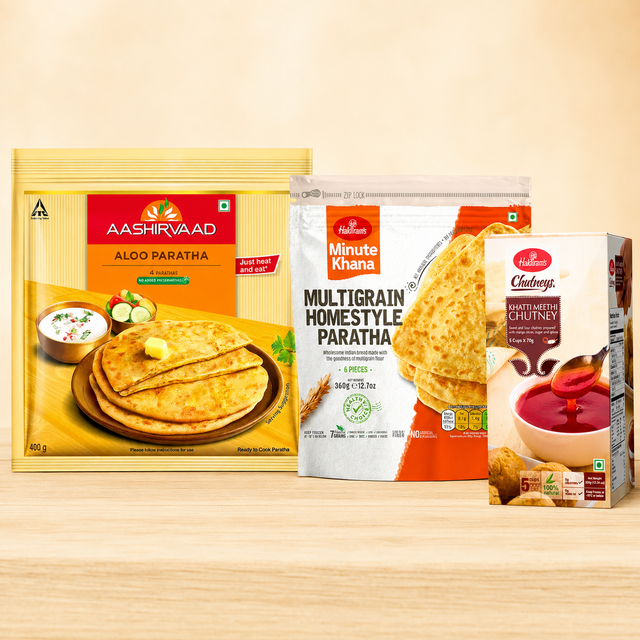 Frozen paratha: Paratha and Chutney Freezer Pack with Aashirvaad Frozen Aloo Paratha 400g, Haldirams Frozen Homestyle Multigrain Paratha 360g and Haldirams Frozen Khatti Meethi Chutney 70g