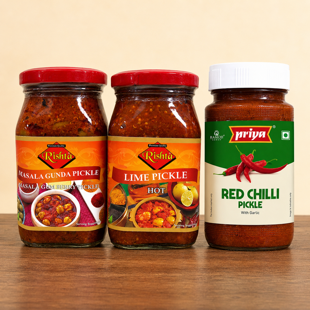 Indian pickles: Pickle Lovers Trio with Rishta Gunda Pickle 450g, Rishta Hot Lime Pickle 400g and Priya Red Chilli Pickle 300g