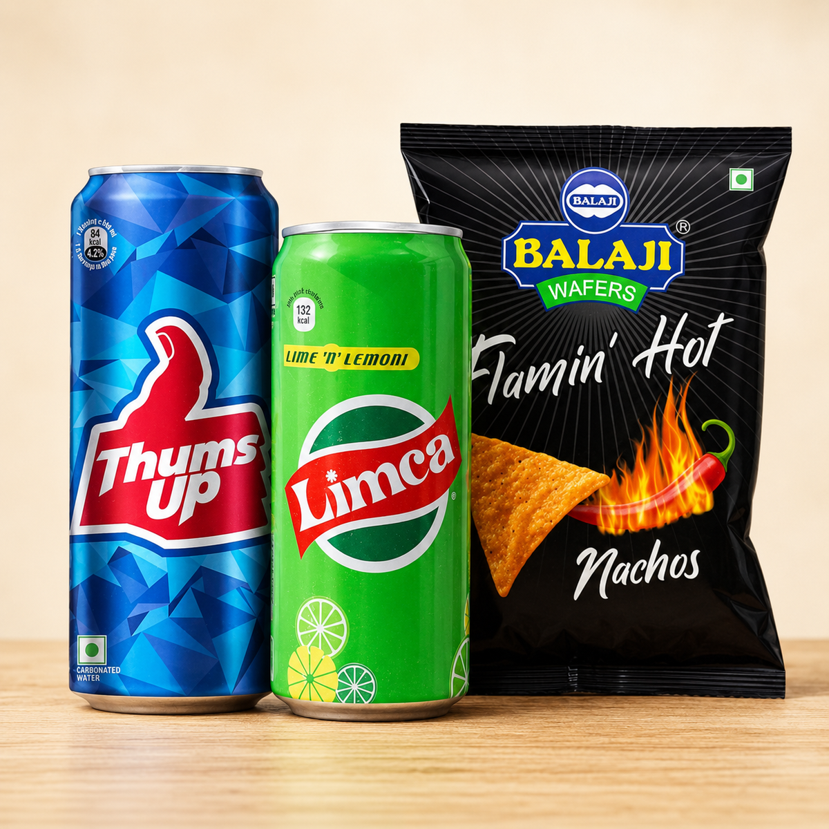 Party snacks: Cold Drinks and Nachos Party Pack with Thums up Can 300ml, Limca Can 300ml and Balaji Flaming Hot Nachos 140g