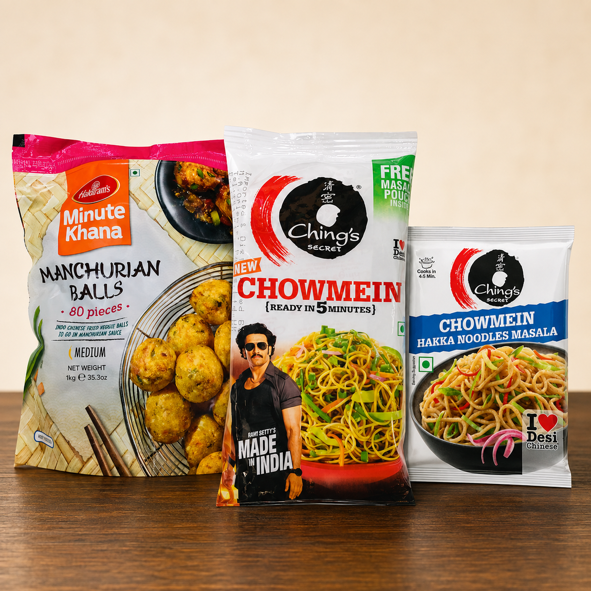 Hakka noodles: Indo Chinese Freezer Feast with Haldirams Frozen Manchurian Balls 80pcs, Chings Chowmein 140g and Chings Hakka Noodles Masala 50g