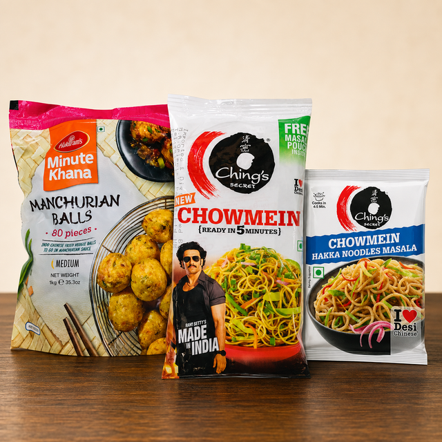 Hakka noodles: Indo Chinese Freezer Feast with Haldirams Frozen Manchurian Balls 80pcs, Chings Chowmein 140g and Chings Hakka Noodles Masala 50g