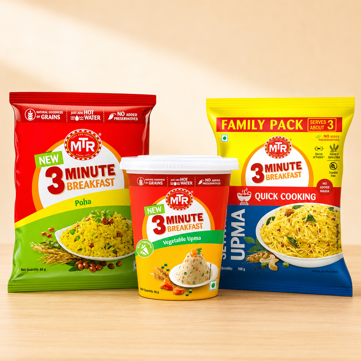 Instant Breakfast Trio with MTR Poha Instant Mix 160g, MTR Instant Vegetable Upma 80g and MTR Instant Vermicelli Upma 160g