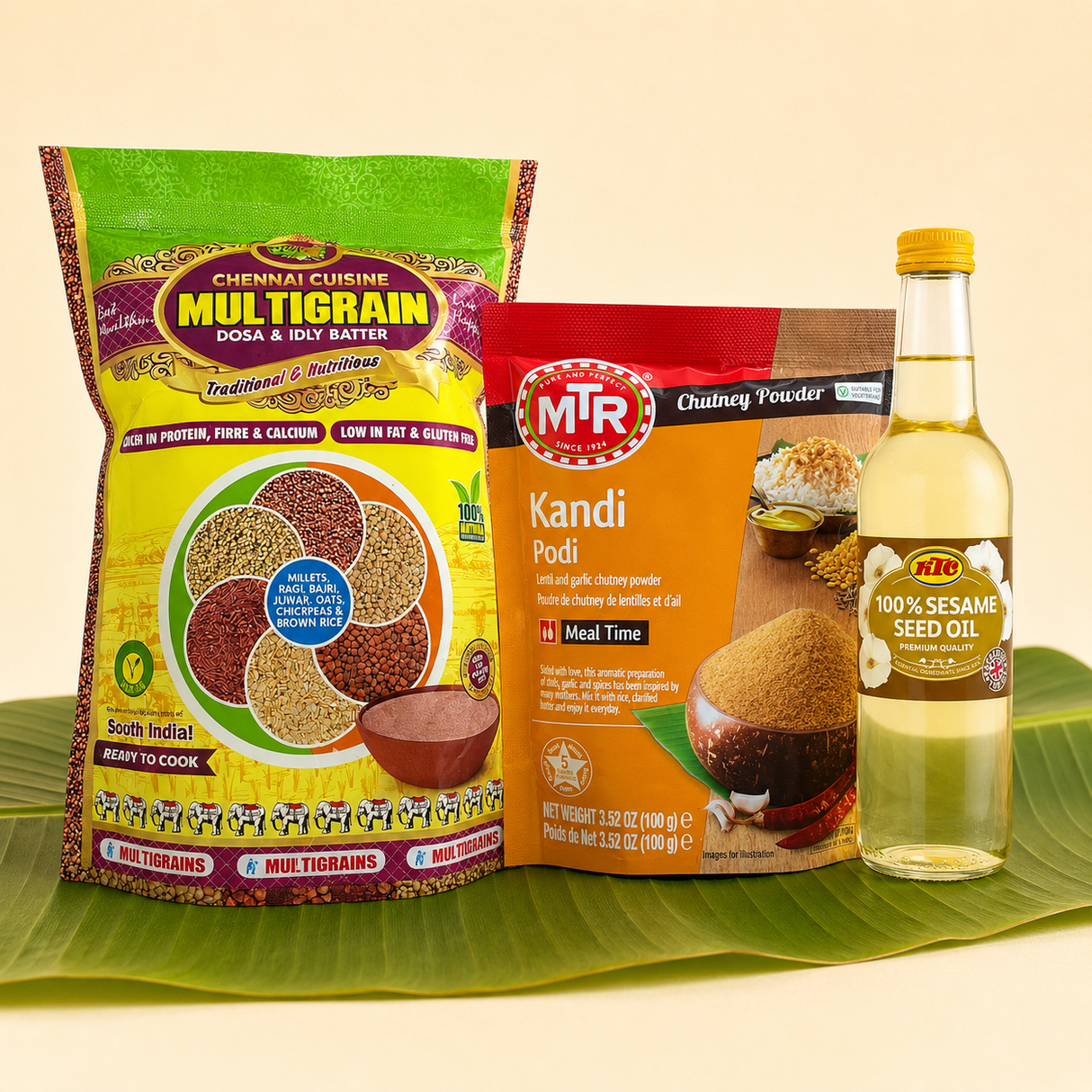 Dosa batter: Multigrain Dosa and Podi Kit with Chennai Multigrain Dosa/Idly Batter 850g, MTR Kandi Podi Chutney Powder 100g and KTC Sesame Oil 250ml