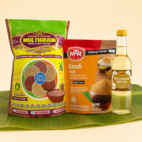 Dosa batter: Multigrain Dosa and Podi Kit with Chennai Multigrain Dosa/Idly Batter 850g, MTR Kandi Podi Chutney Powder 100g and KTC Sesame Oil 250ml
