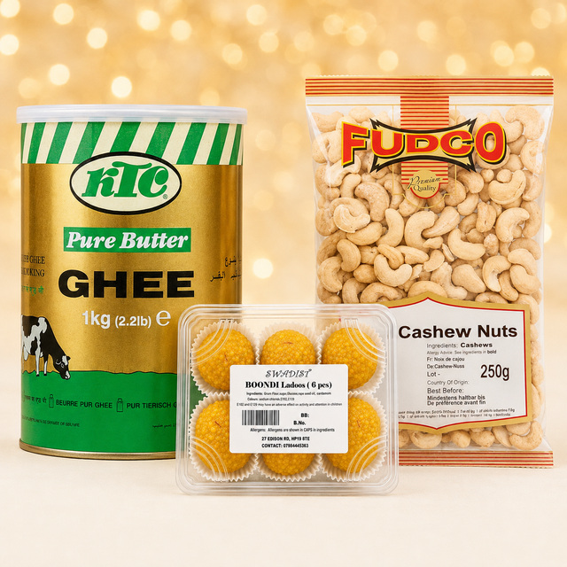 Indian sweets: Festive Ghee, Nuts and Mithai Hamper with KTC Pure Ghee 1kg, Fudco Cashew Nuts 250g and Swadist Boondi Ladoos 6 pcs