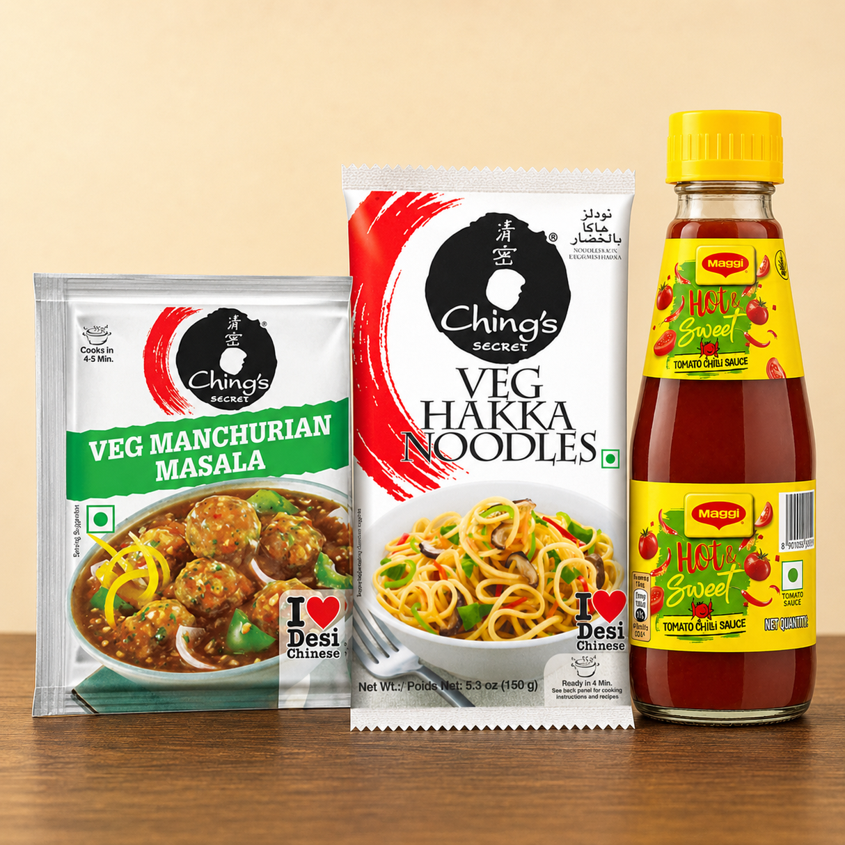 Maggi sauce: Manchurian and Hakka Noodles Night with Chings Veg Manchurian Masala 20g, Chings Veg Hakka Noodles 140g and Maggi Hot & Sweet Tomato Chili Sauce
