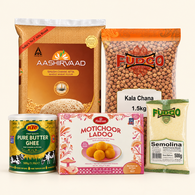 Kanjak Puri Chana Halwa Kit with Aashirvaad atta 2kg, Fudco kala chana 1.5kg, Fudco extra coarse semolina 500g, KTC pure ghee 500g and Haldirams motichoor ladoo 300g