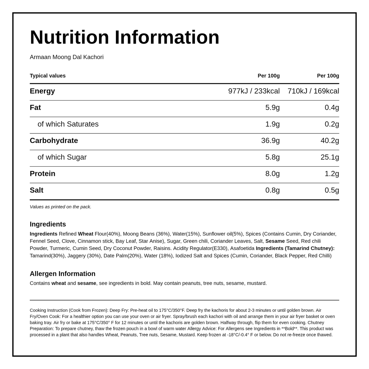 Armaan Moong Dal Kachori With Chutney — facts label