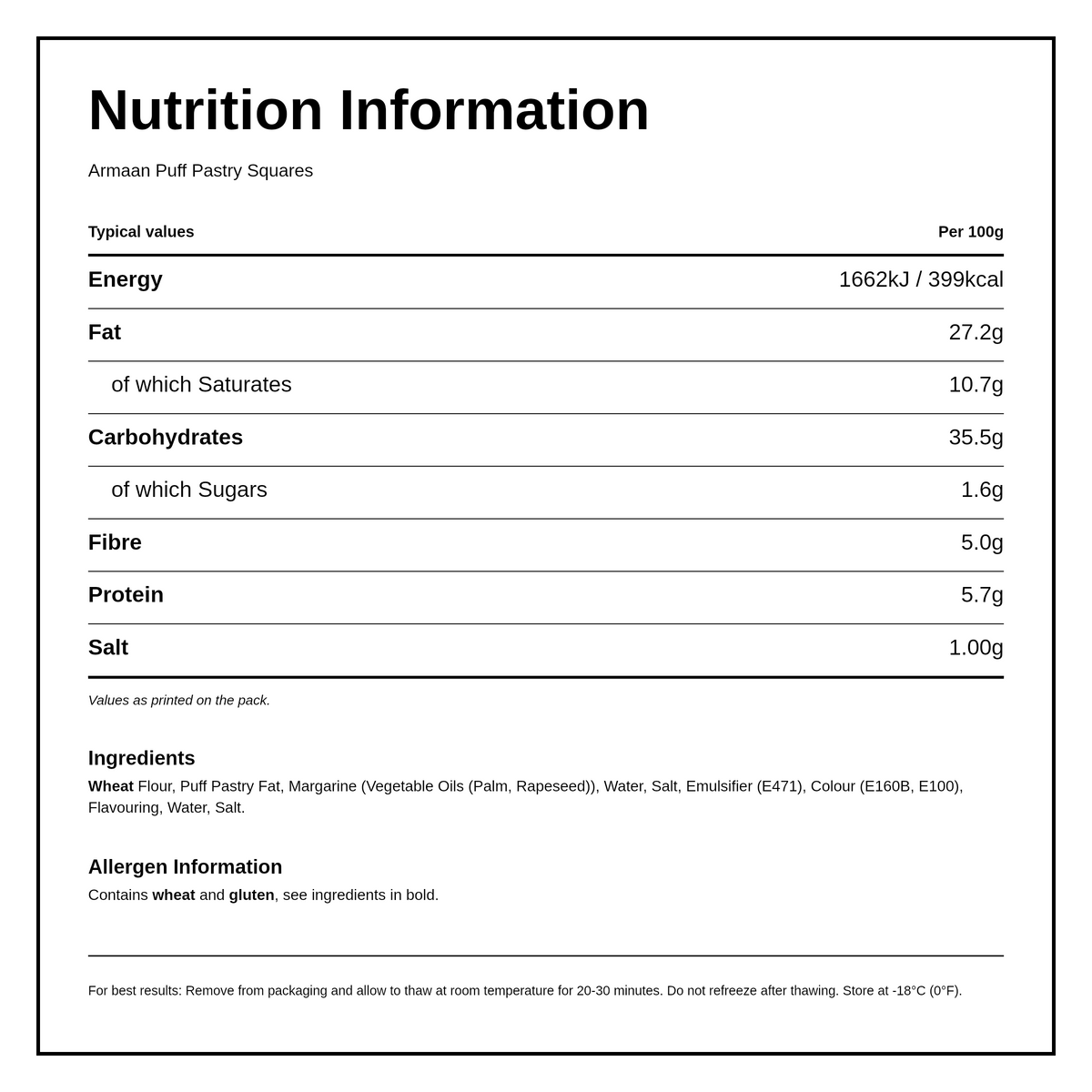Armaan Puff Pastry Squares 5" — facts label