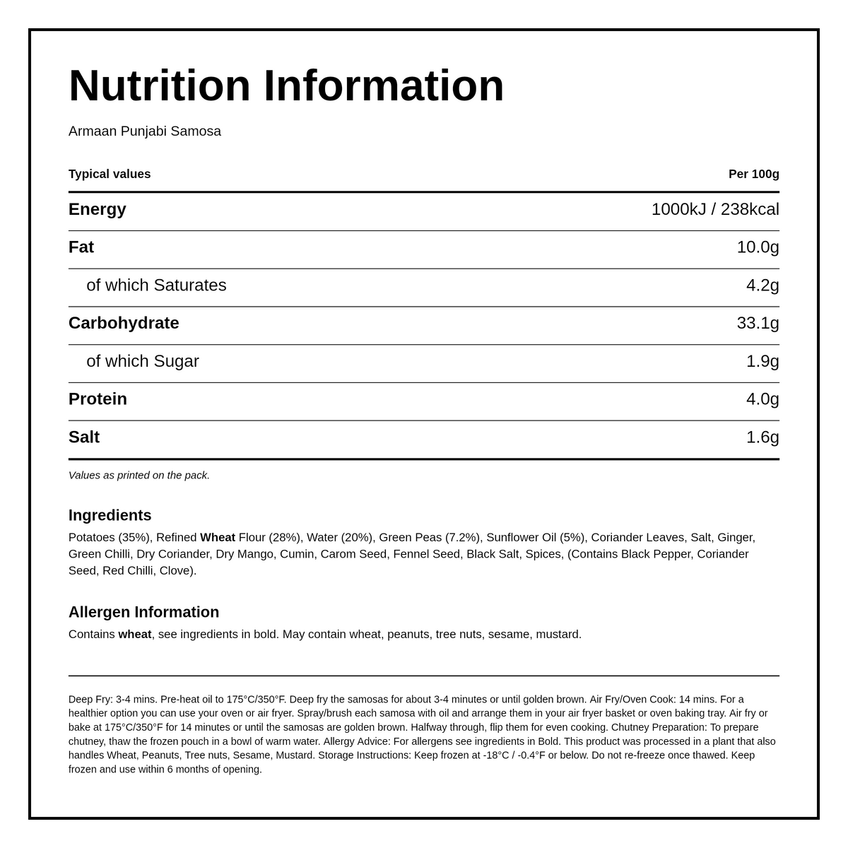 Armaan Punjabi Samosa — facts label