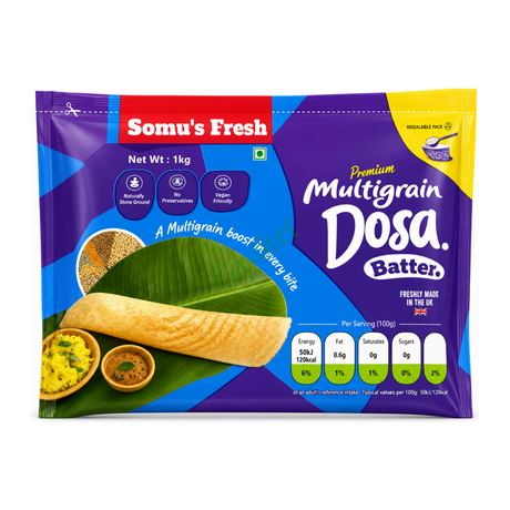 Multigrain Dosa Batter Premium by Somu's Fresh — front view showing product label and branding, studio product photo on white background