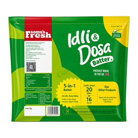 Somus Idli And Dosa Batter by Somus Ready Mixes — back view showing ingredients and product details, studio product photo on white background