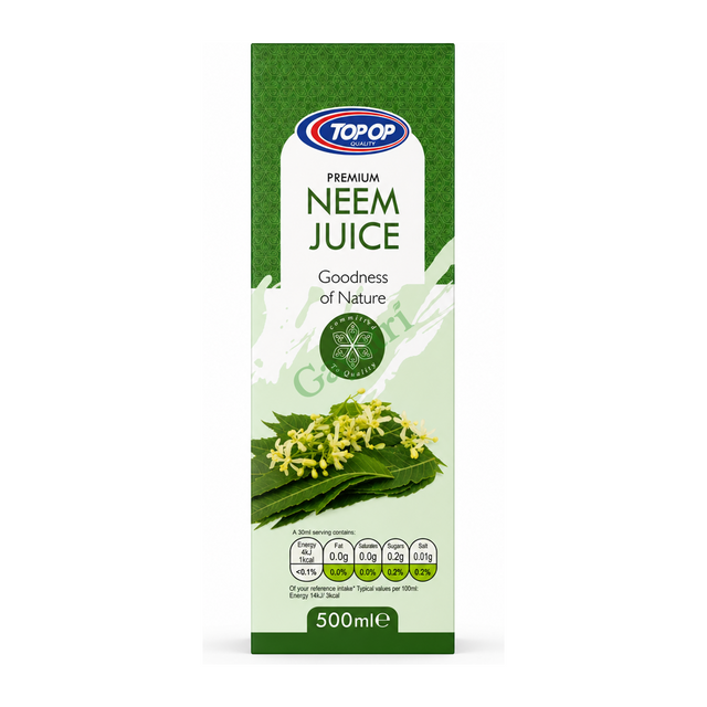 Premium Neem Juice 500ml by Top Op — front view showing product label and branding, studio product photo on white background